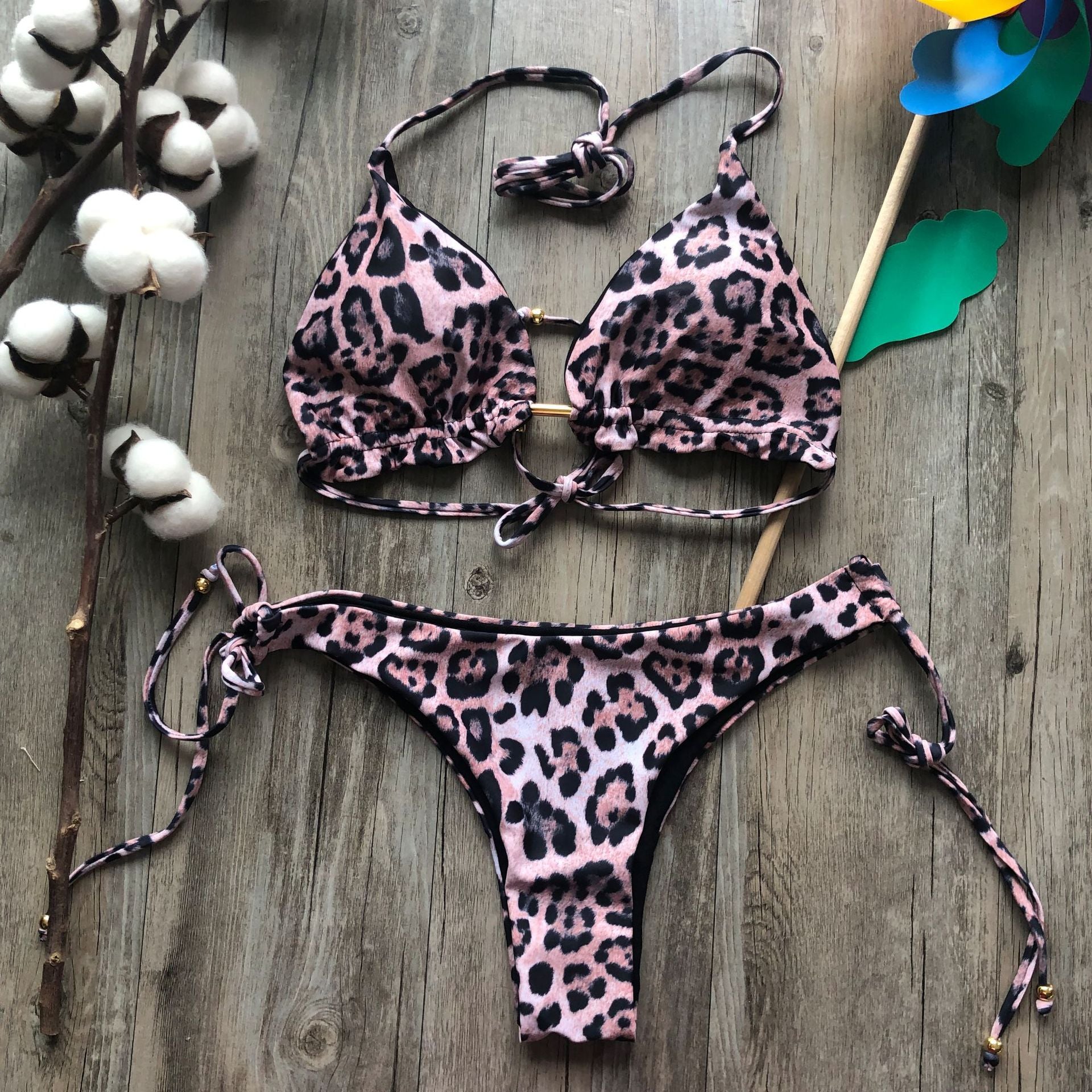 Leopard Print Bikini Solid Color Women Swimsuit Sexy Lace-up Swimwear Split Bikini Bella Mia
